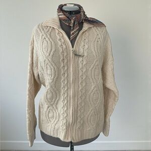Aran Crafts Ireland Merino Wool Zip Cardigan Cable Knit Fisherman L